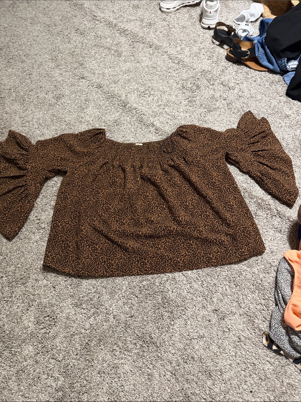 Brown Leopard Print Off-Shoulder Bell Sleeve Top